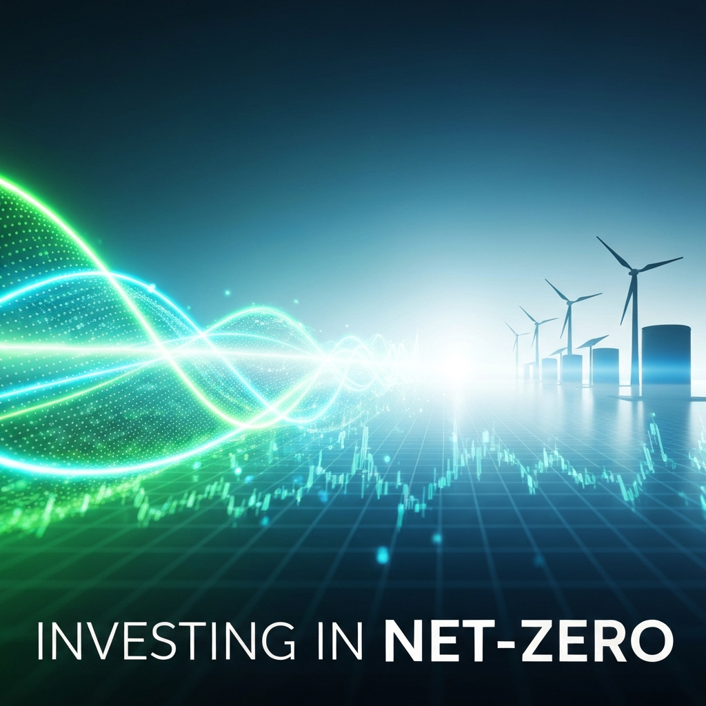 A conceptual image depicting a dynamic wave of green and blue light, symbolizing clean energy and innovation, surging from an abstract financial graph towards a futuristic, sustainable city silhouette. This visual represents Breakthrough Energy Ventures' mission to invest in climate technology for a net-zero future, as detailed in "What is Breakthrough Energy Ventures? A 2024-2025 Guide to Bill Gates' Climate Tech Fund."