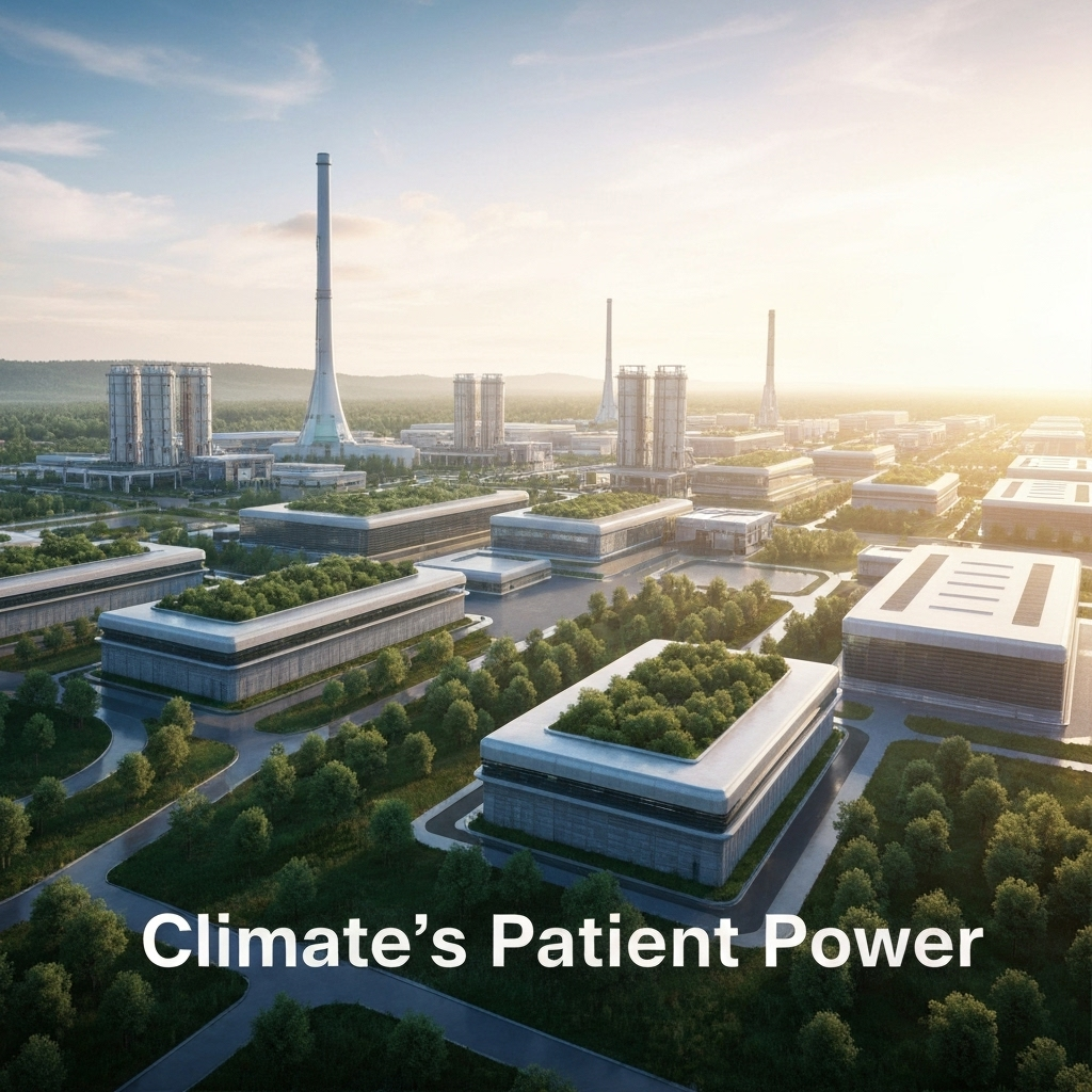A futuristic, clean industrial complex for advanced climate technology, bathed in sunrise light, with the headline "Climate's Patient Power" overlaid, symbolizing Bill Gates' long-term investment strategy for tough tech compared to traditional VC.