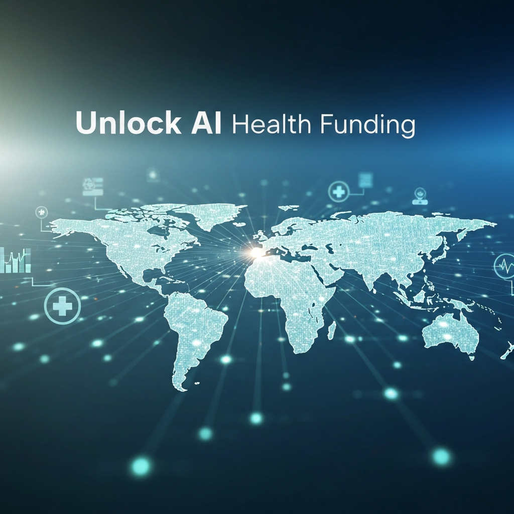 A conceptual image showing AI neural network patterns connecting to a global map with medical symbols, representing the Gates Foundation's AI health funding and its global impact.