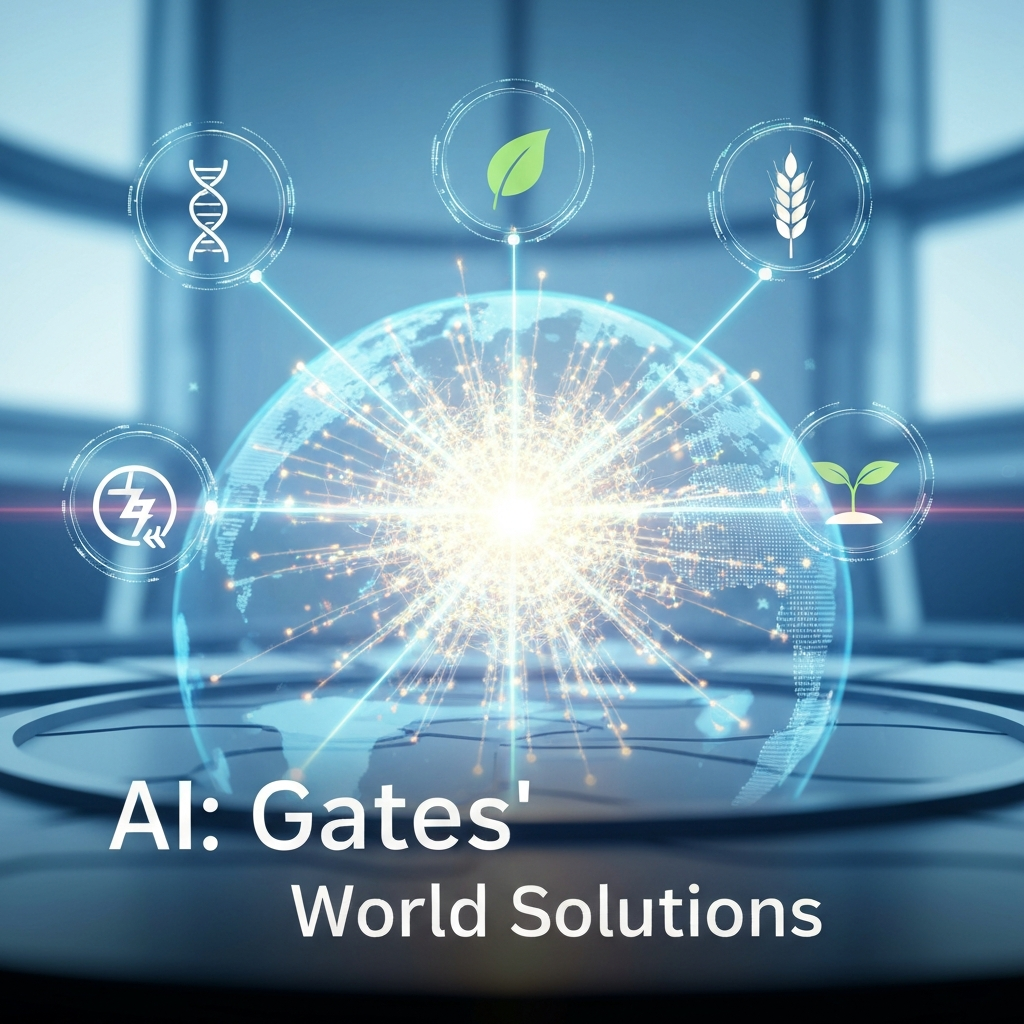 A futuristic digital art image depicting a glowing AI neural network connecting to holographic icons representing global health, climate action, and food security, symbolizing Bill Gates' AI startup investments solving these four global problems.